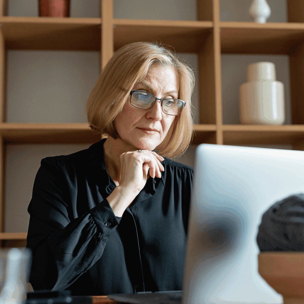 A female judge looking at a screen in their office. 